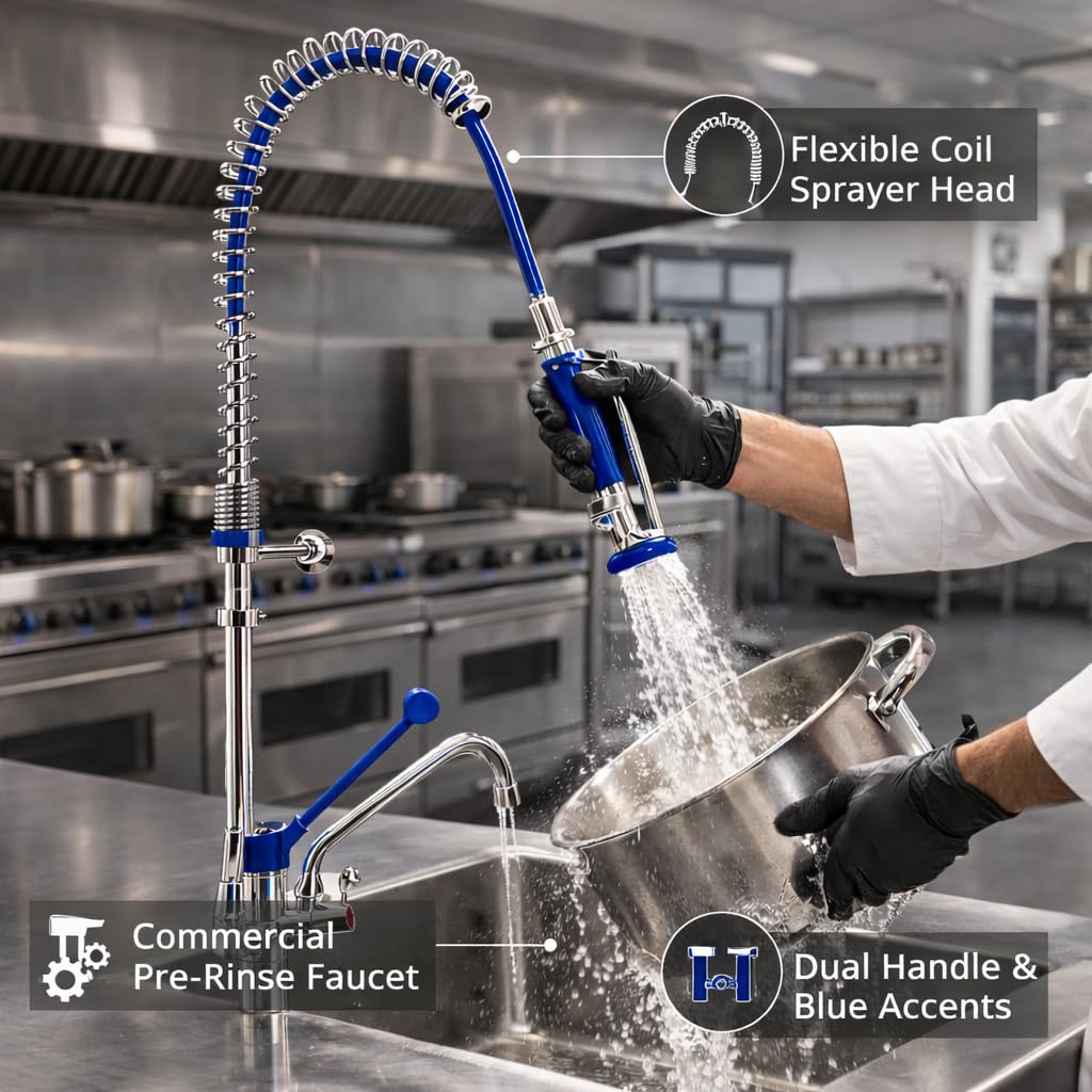 Genebre – Grifo Columna Prelavado Profesional 1707 04 | Grifo Industrial Monomando con Maneta Médica, Ducha Extraíble y Caño Giratorio | Cocina Profesional Hostelería Restaurante | Acero Inoxidable