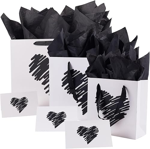 Miniatura 11 de ysmile Pequeña bolsa de regalo negra con papel de seda para hombres, fiesta de cumpleaños, aniversario, día del padre, 7.8 pulgadas, corazón dorado