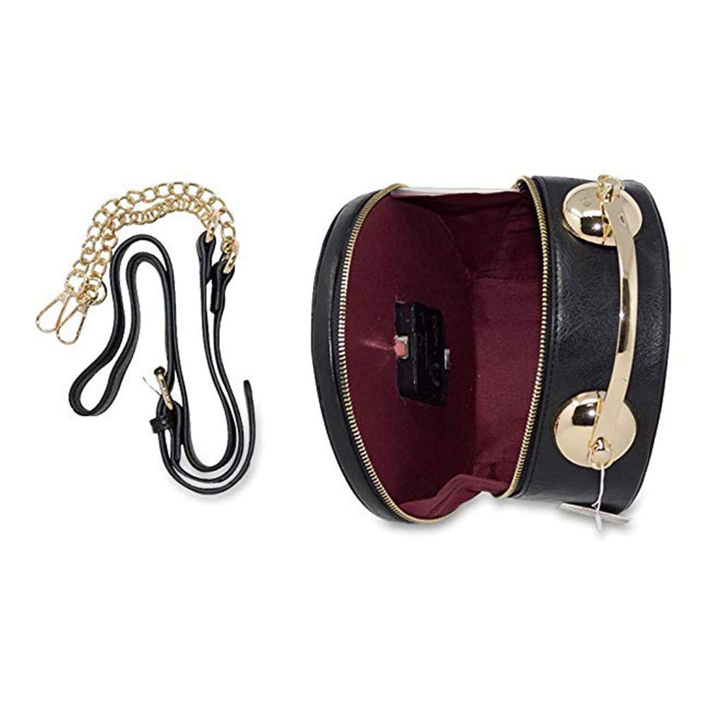 Clock Bag Echt Arbeiten, Vintage-Umhängetasche Messenger Bag, Steampunk-Stil-Form Ledertasche Kreishandtaschen-Ketten-Schulter Weibliche Tasche (Black)