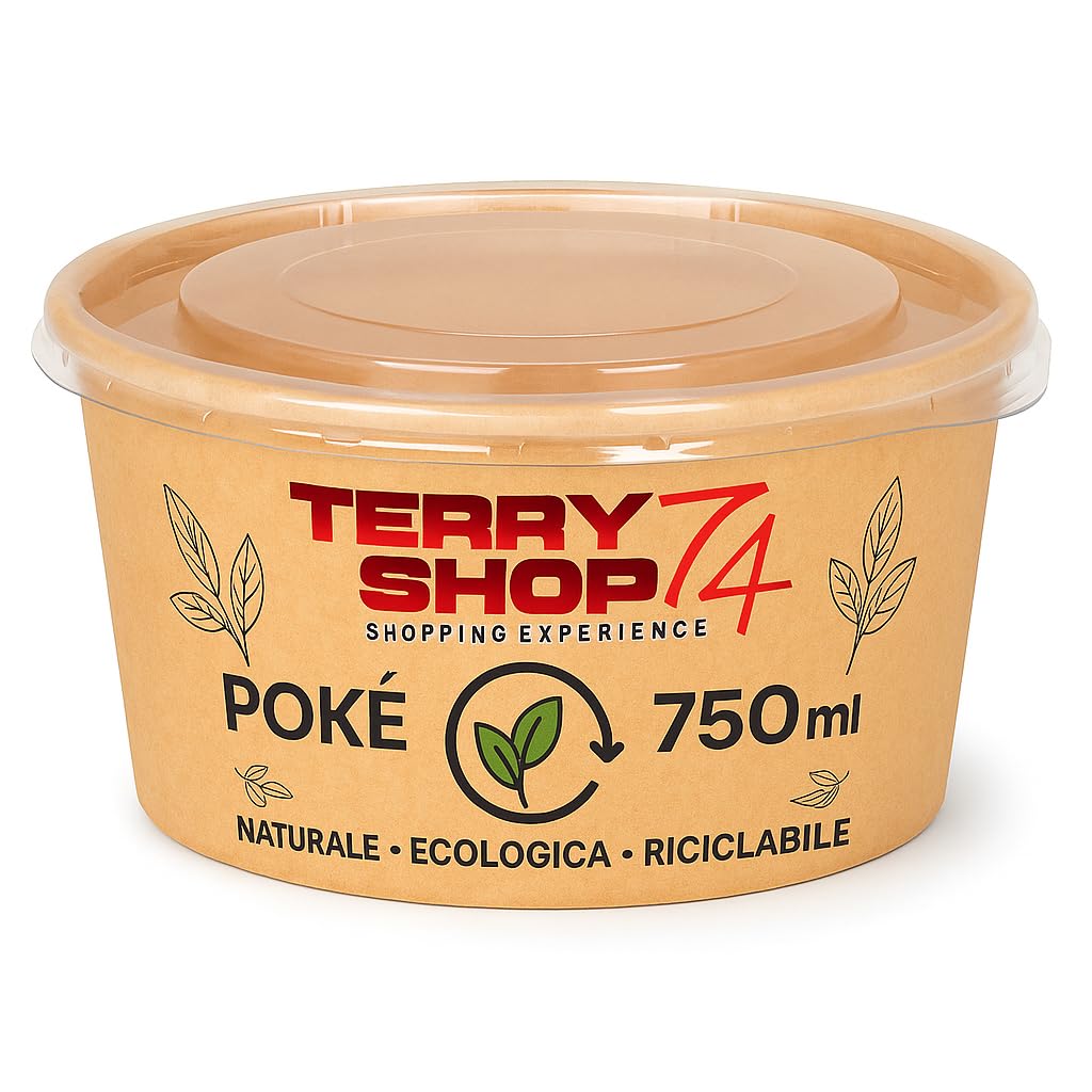 Set da 4 Insalatiere per Poké da 750 ml con Coperchio Trasparente – Ciotole in Carta Kraft Resistenti e Riciclabili