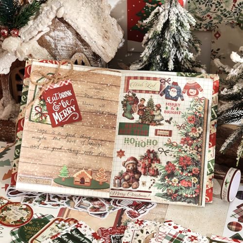 Image of Christmas Scrapbooking Supplies Kit, Aesthetic New Year Festival Scrapbook Kits for Bullet Junk Journal, Stationery, Notebook, DIY Cute Journaling Supplies, Craft Christma Gift for Teen Girl Women