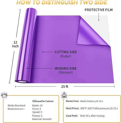 Miniatura 5 de VinylRus Vinilo de transferencia de calor, rollo de vinilo morado para planchar de 12 pulgadas x 25 pies, vinilo HTV para Silhouette Cameo, Cricut,
