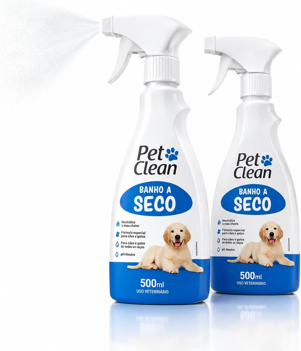 Kit Banho a Seco para Cães e Gatos 2x500ml | Spray Higienizador Sem Água e Sem Enxágue | Neutraliza Odores | Limpeza Rápida para Pets | pH Neutro