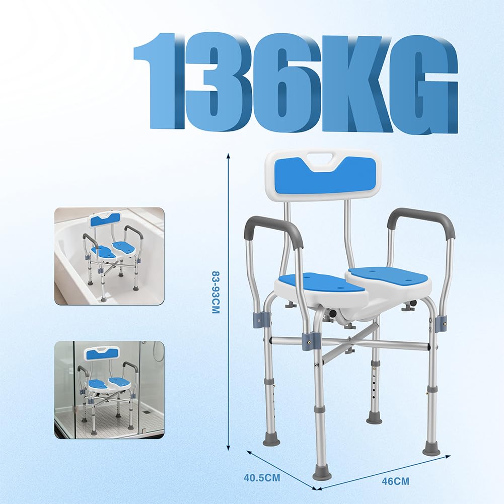 BAKAJI Taburete de Ducha con Respaldo y reposabrazos, Estructura de Aluminio y Asiento ergonómico de HDPE, Asiento de baño para Ancianos, discapacitados y Personas con Movilidad Reducida, Altura
