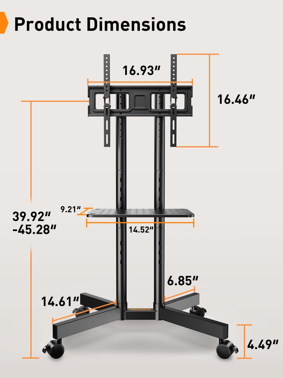 Perlegear PGTVMC14 - Supporto TV mobile con ruote per TV da 32 a 70 pollici, carrello per TV mobile regolabile in altezza con inclinazione da -15° a +5°, supporto TV da esterno per TV 4K max VESA 400