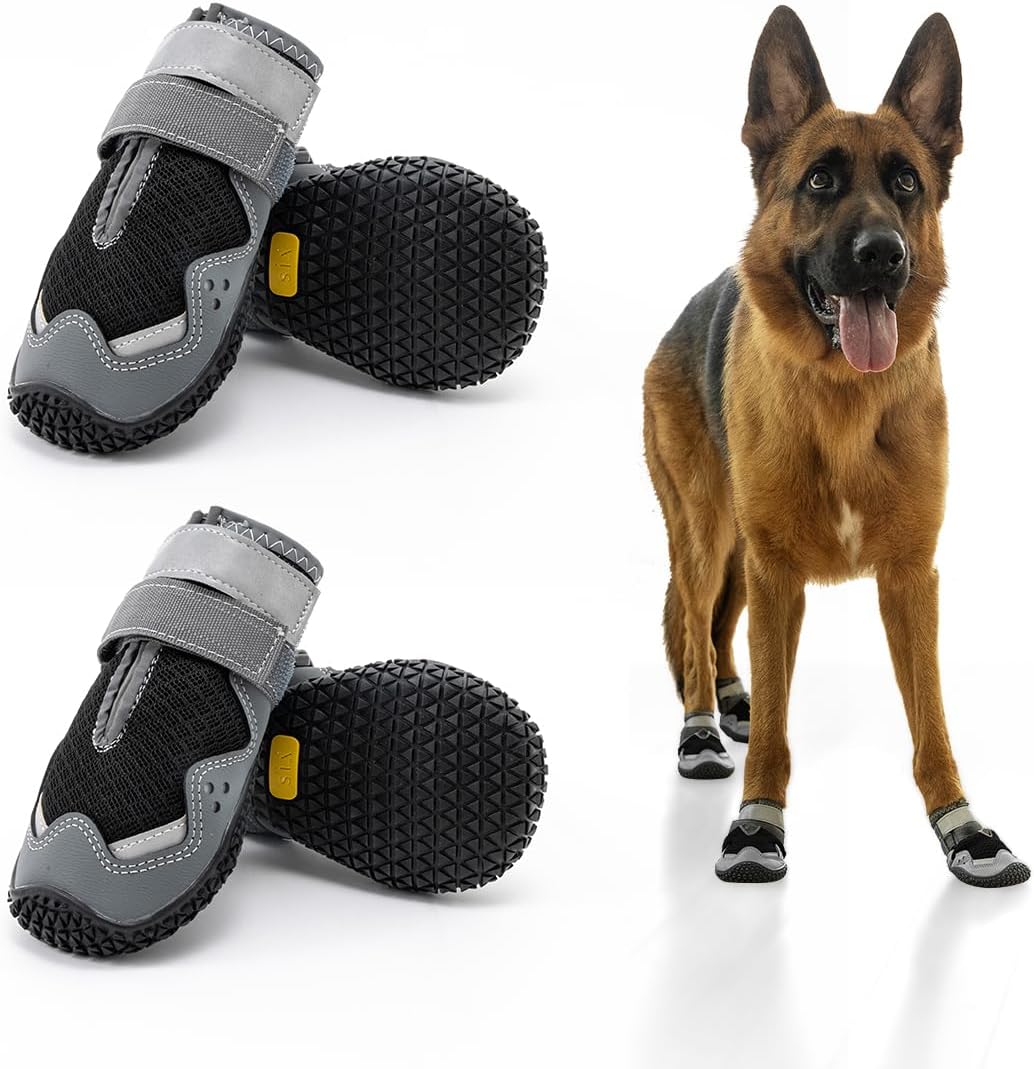 Breathable Dog Shoes for Large Dogs,Anti-Slip Dog Boots for Hot Pavement,Winter Snow,Dog Booties Paw Protector with Reflective Strap for Hardwood Floors,Outdoor Hiking(Black,2.35″)