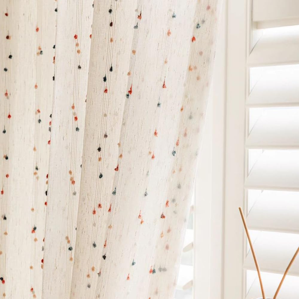 AiDamai Linen Look Pom Pom Sheer Curtains for Living Room Bedroom Colorful Patterned Semi Sheer Voile Window Drapes Light Filtering for Nursery Room