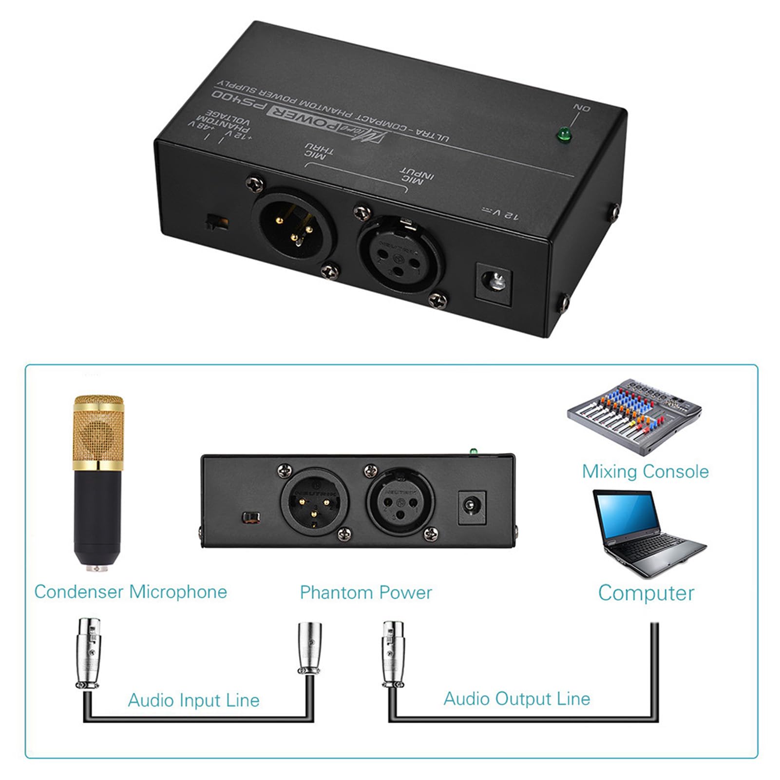 48V 12V Phantomspeisung, Metallmikrofon Geräuscharmes Soundgerät Shell Mic Power Phantom Box Mikrofon Stromquelle für Kondensatormikrofon Musikaufnahmegeräte