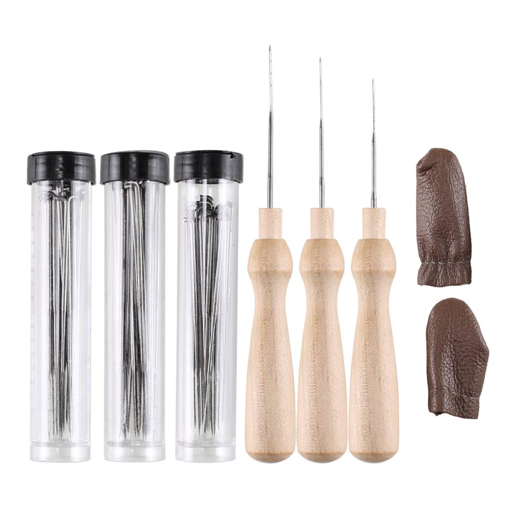 FJSM 68Pcs Felt Needle Tool 3 Sizes Needle Felting Needles Wool Felt Tools with Wooden Handle Holder Clear Bottles Leather Finger Cots for Beginner DIY Felt Animals Toys Craft