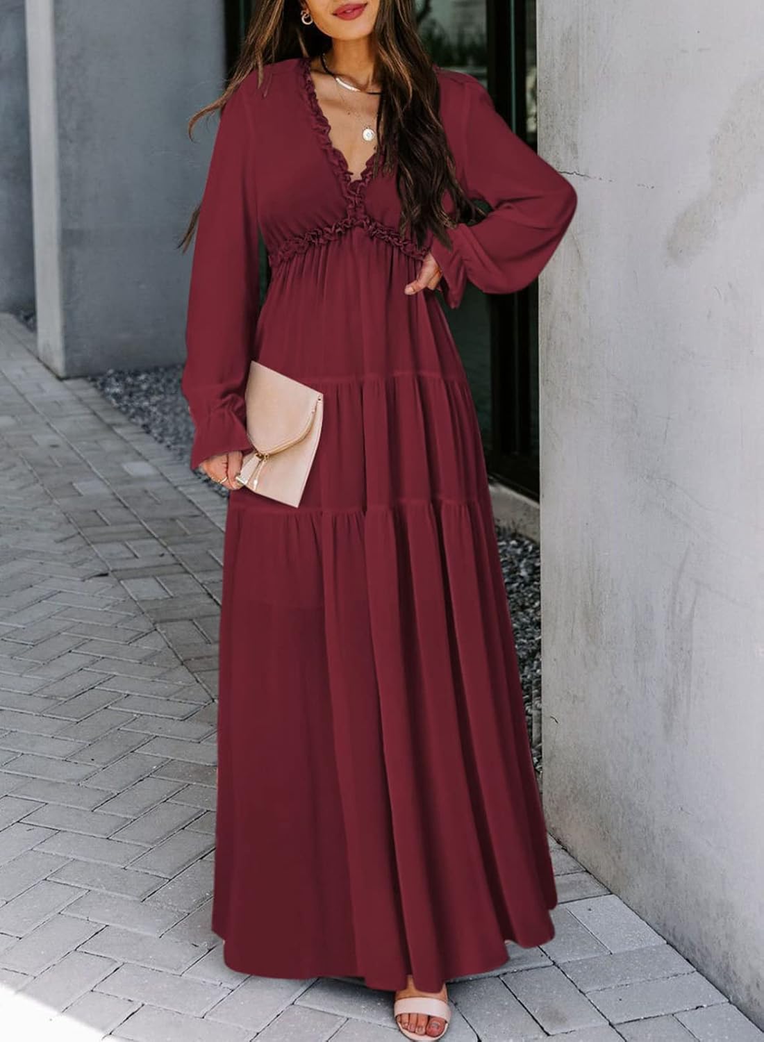 BLENCOT Womens Casual Boho Floral Printed V Neck Long Sleeve Long Maxi Dress Spring Summer Dresses medium