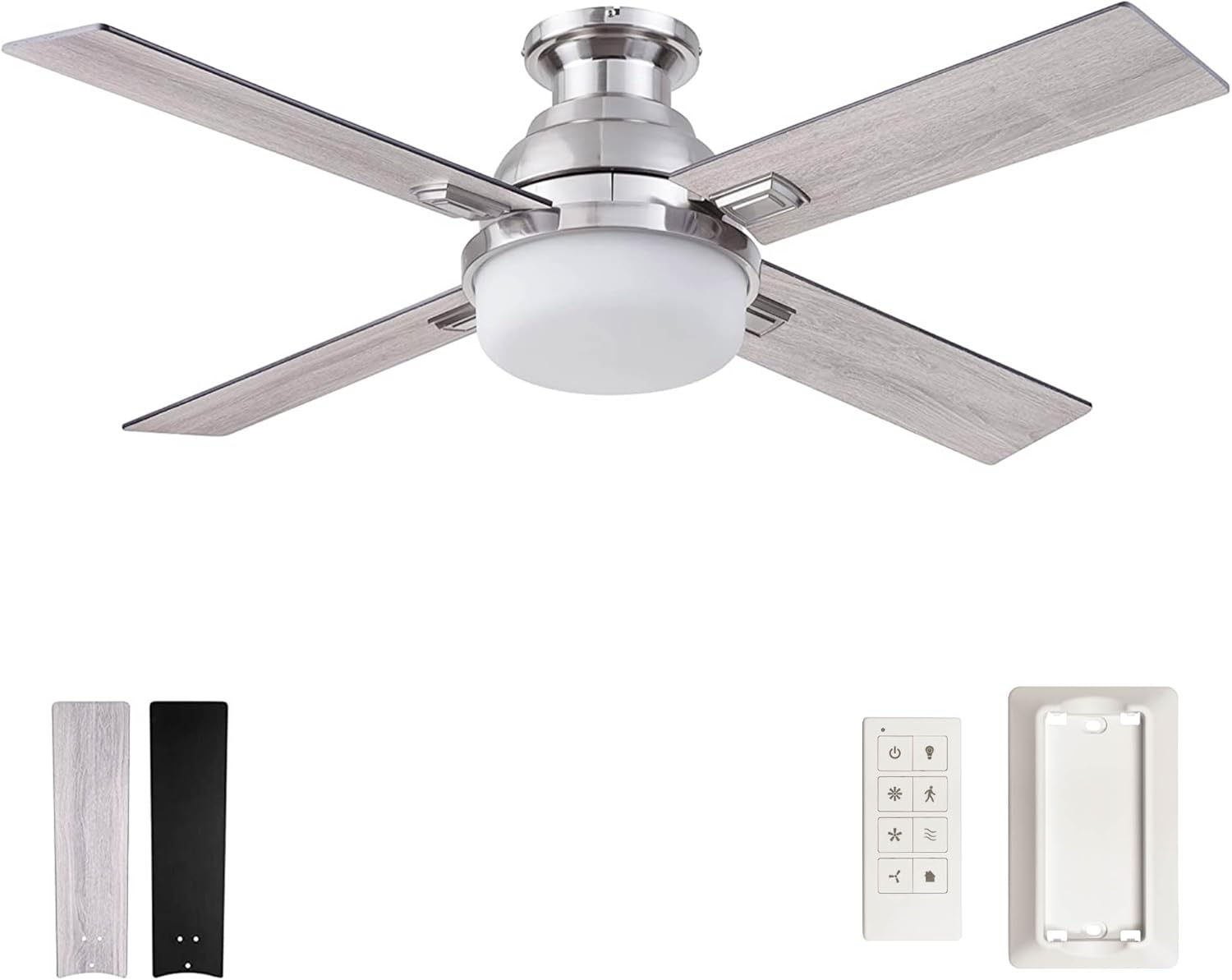Prominence Home Kyrra, 52 Inch Contemporary Indoor Semi Flush Mount LED Ceiling Fan with Light, Remote Control, Dual Finish Blades, Reversible Motor - 51678-01 (Brushed Nickel)