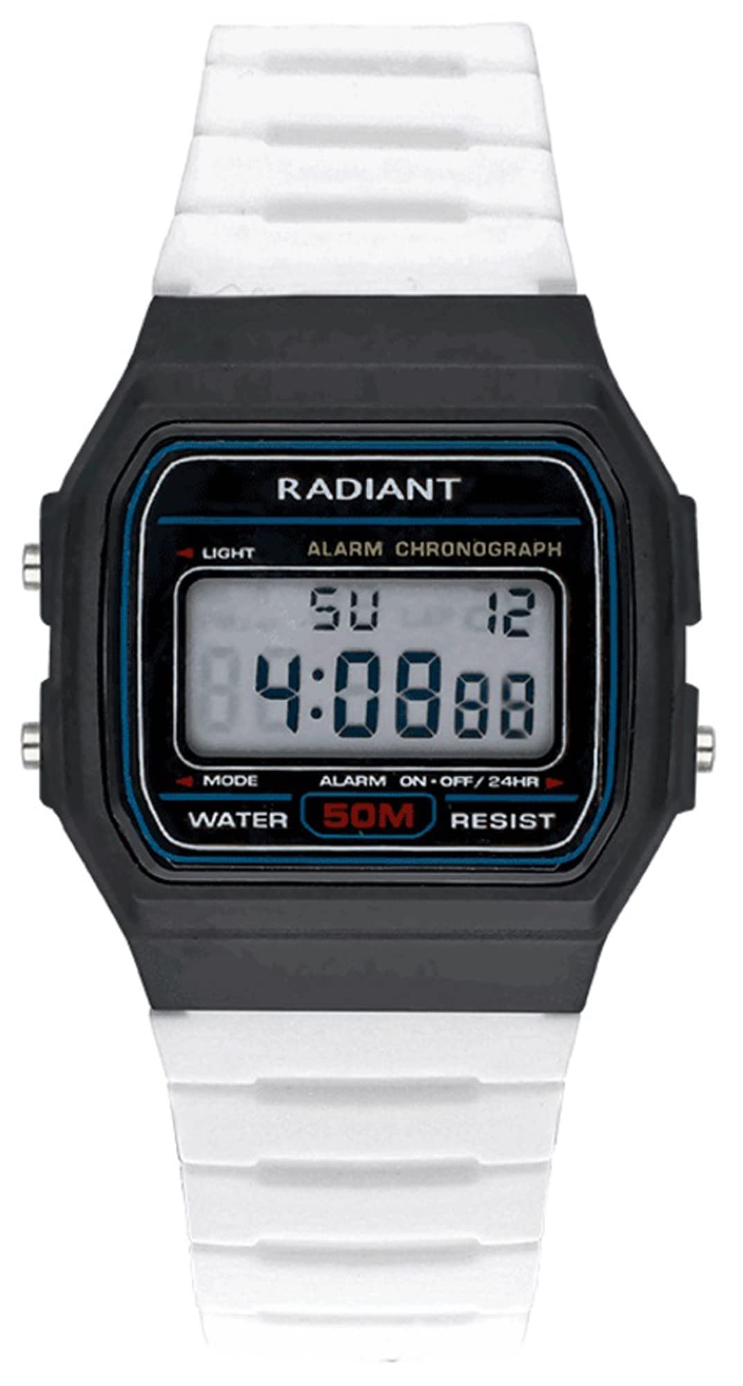 Radiant Digital RA561605 watch with white silicone strap and black digital display.