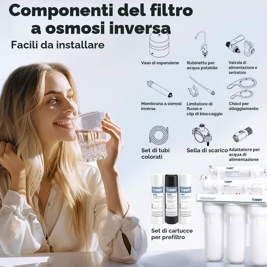 Sistema ad osmosi inversa domestico BWT MO575MBWT – Senza pompa per una pressione in ingresso di 3-6 bar – 5 stadi con REMINERALIZZATORE – 75 GPD, portata di 11,8 L/h, serbatoio da 12 L