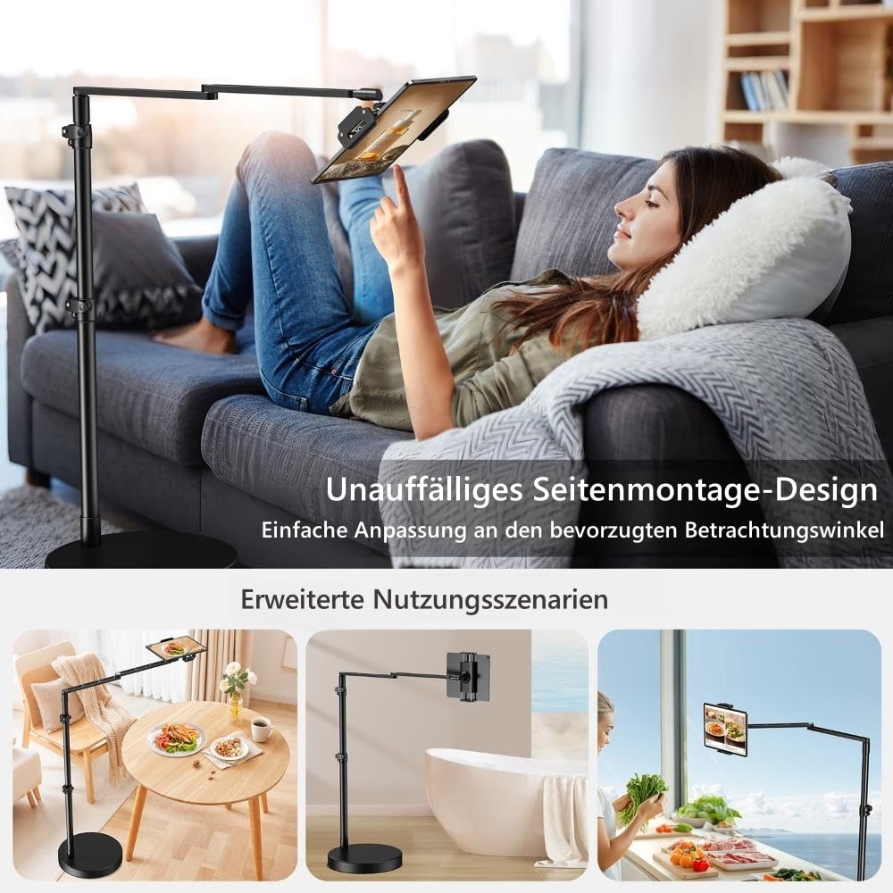 elitehood Verstellbarer iPad Bodenständer mit Schwerlast-Standfuß, 61 cm Horizontaler Langer Arm Tablet Ständer Halterung für Bett & Sofa – Kompatibel mit iPad mini/Air/Pro 12.9" und 4.7-13" Geräten