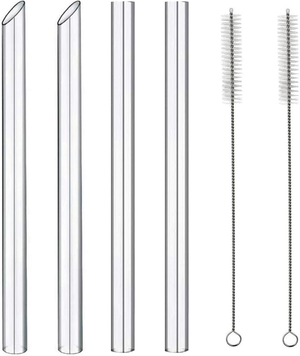 NEBYWOLD Reusable Glass Wide straw Boba Drinking Straws Fat Straws Smoothie/Bubble Tea/Milkshakes Straws with 2 Cleaning Brush & Carry Bag 14mm/8.85 in Environmentally Friendly (2+2/14mm)