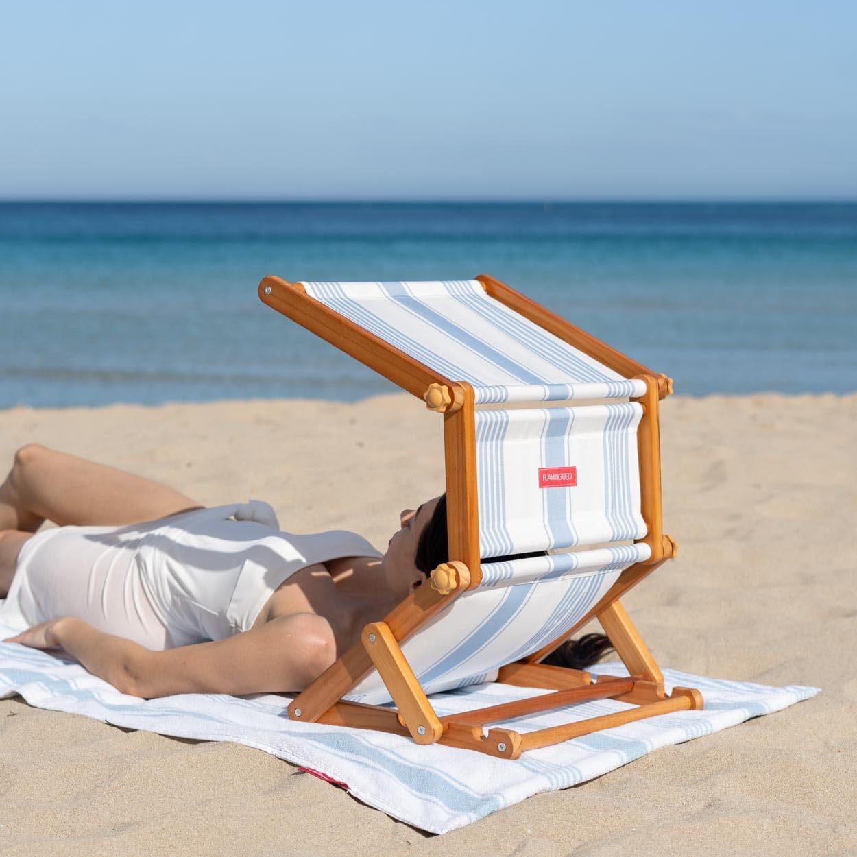 Flamingueo Poggiatesta con Cuscino - Per Spiaggia, Piscina, Campeggio - Ombrellone UPF50+ - Regolabile 2 Posizioni - Poliestere - Blu