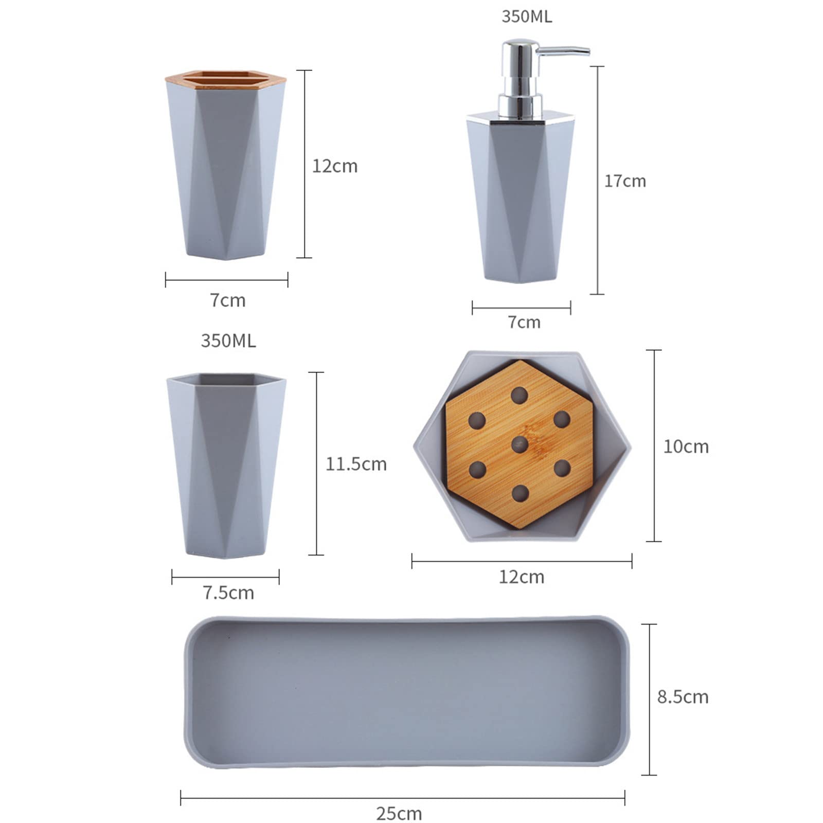 Juegos de Accesorios de baño, Simple Madera Acesorios Cuartos de Baño 4 Piezas con Dispensador Jabon Baño, Jabonera Baño, Porta Cepillo de Dientes, Bandeja, para Champú Gris