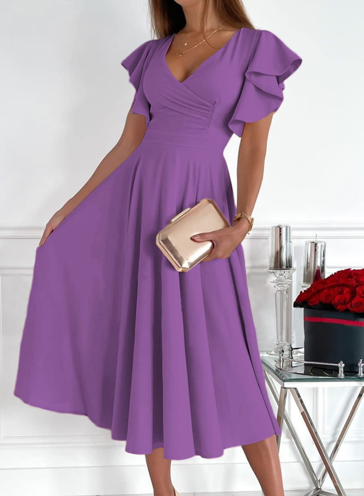 Dokotoo Long Summer Dress Casual Teacher Outfits for Women Bridal Shower Dress Wedding Guest Dresses Valentines Dress for Women Purple XL