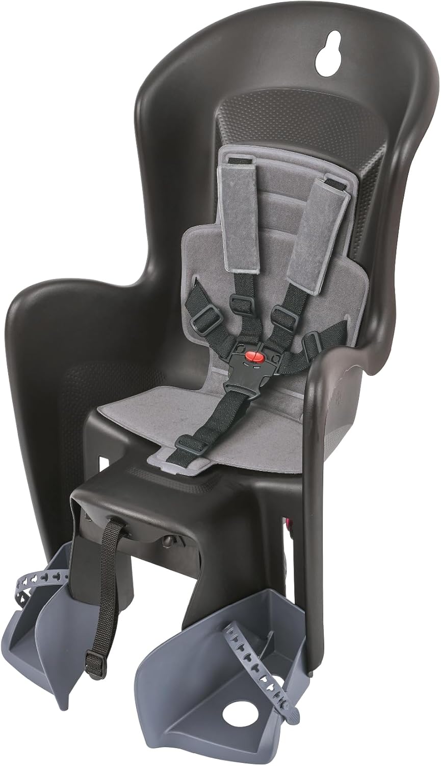 Polisport 8632200029 Bilby CFS AMZ Sedile posteriore per bambini, 9 mesi – 6 anni, cintura imbottita a 5 punti, poggiapiedi regolabile, compatibile con portapacchi, nero/grigio scuro