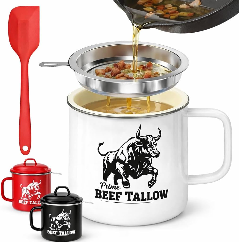 Beef Tallow Container with strainer for Fat Storage – 40 floz–1.1 L– Bacon Grease Container, Strainer, & Spatula for Brisket Drippings, Lard, & Oil– Grease Keeper for Kitchen - Dishwasher Safe