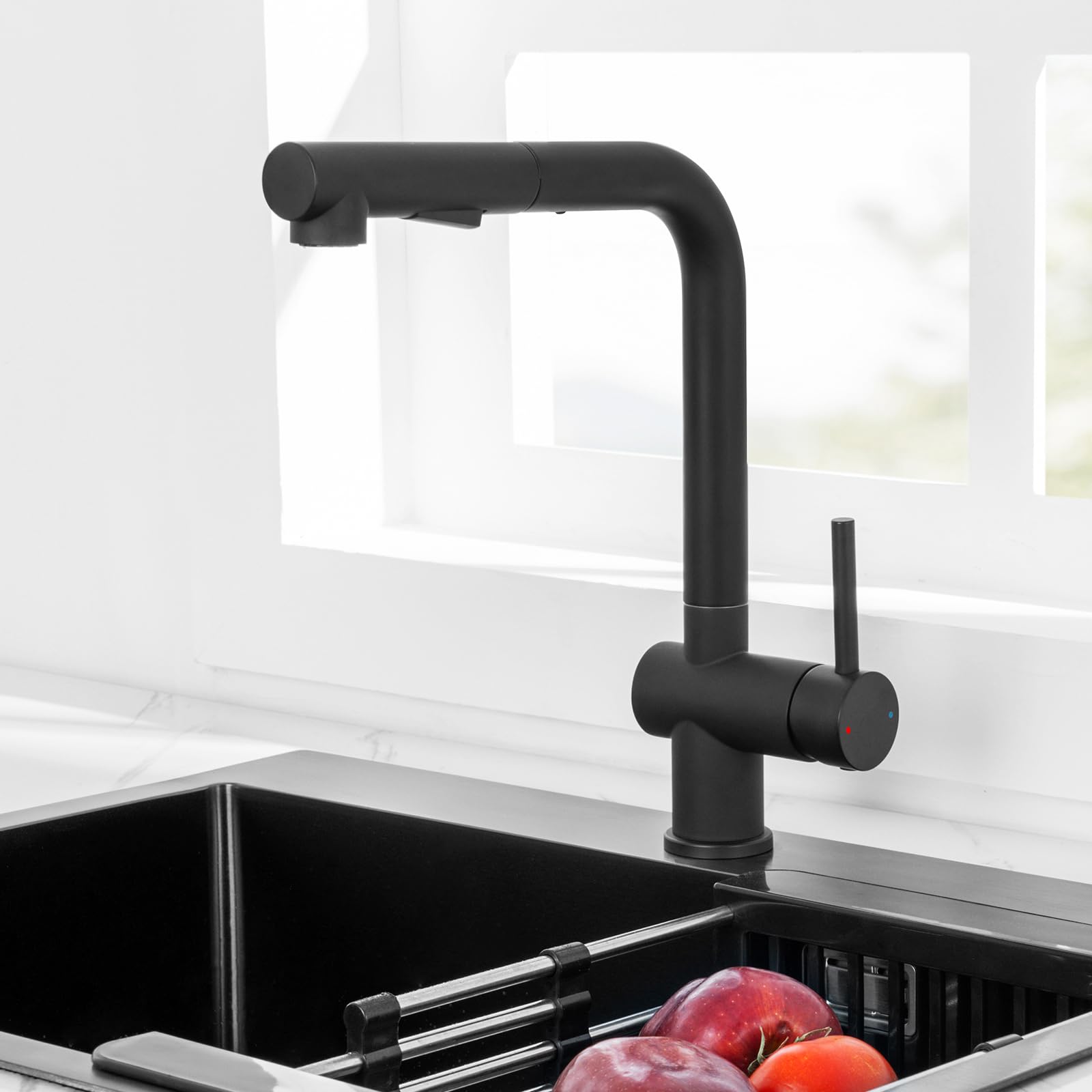 CECIPA Rubinetto Cucina Nero con 2 Getto, Miscelatore Cucina con Doccetta Estraibile, Rubinetto Lavello Cucina Nero Girevole a 360°, Miscelatore Lavello in Acciaio lnox (Nero)