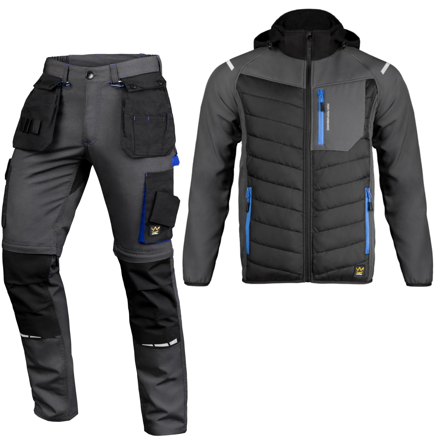 Seven Kings Arbeitshose Herren Schwarz (50) und Softshelljacke (M) mit Kapuze Set - komplet Schutzkleidung für den Bau und für Mechaniker - viele Taschen für Handy, Werkzeug und Alltagsbedarf