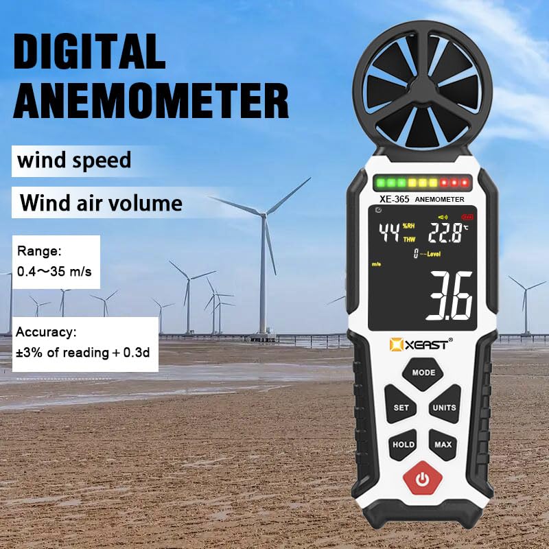XEAST XE-365 Digital Anemometer displaying wind speed, humidity, and temperature readings with range and accuracy specifications.
