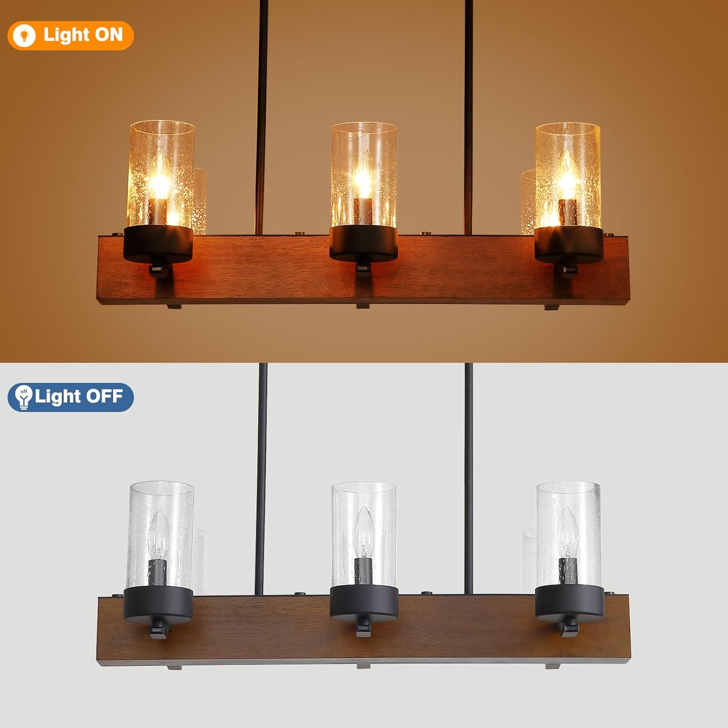 6-Light Wood Island Light with Seeded Glass Shade 30'' Farmhouse Linear Chandelier for Kitchen, Dining Room, Bar, E12 Base - AJ9020P6WDBK