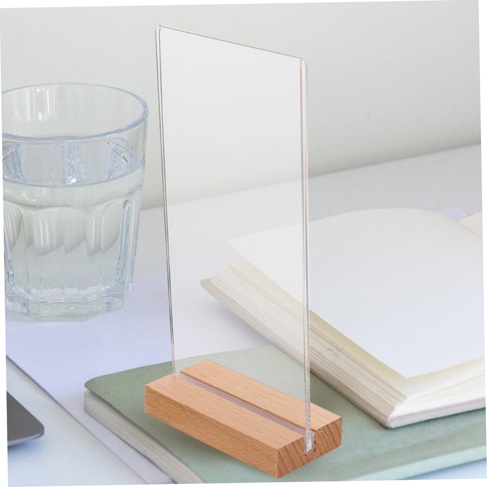 5 Piezas Soporte para Carteles Acrílico Transparente con Base Madera Exhibidor T Doble Cara para Menús Soporte Plástico para Publicidad Restaurantes Bodas y Tiendas de Unidades