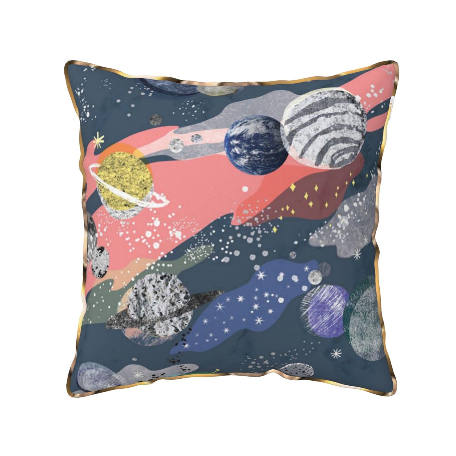 AUBKFELD Planet Printed Velvet Cushion Cover 50x50 CM with Gold Edging Strip, Square Pillowcase Soft Throw Pillow Covers Case Decorative for Living Room Sofa Couch Bed Bench
