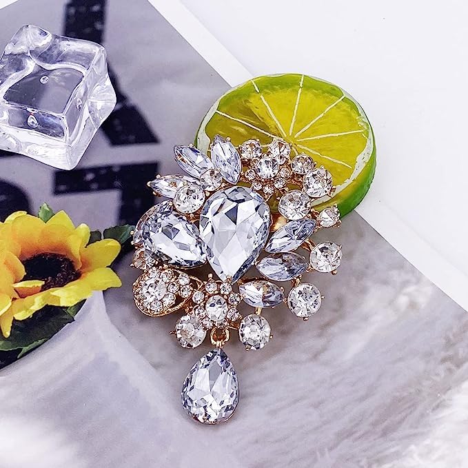Image of Wedding Bridal Big Crystal Rhinestone Bouquet Brooch Pin for Women (Gold Tear Drop)