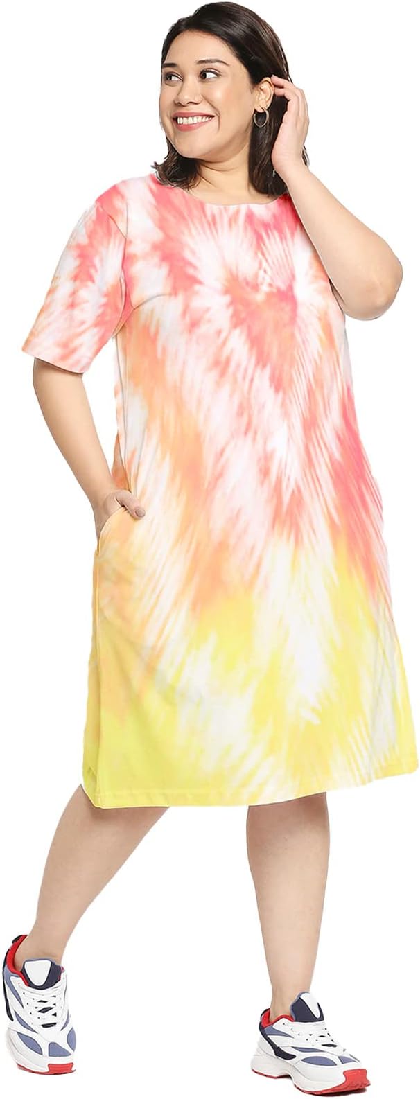 Women's Plus Size Tie-Dye Printed Midi Knee Length Tshirt Dress