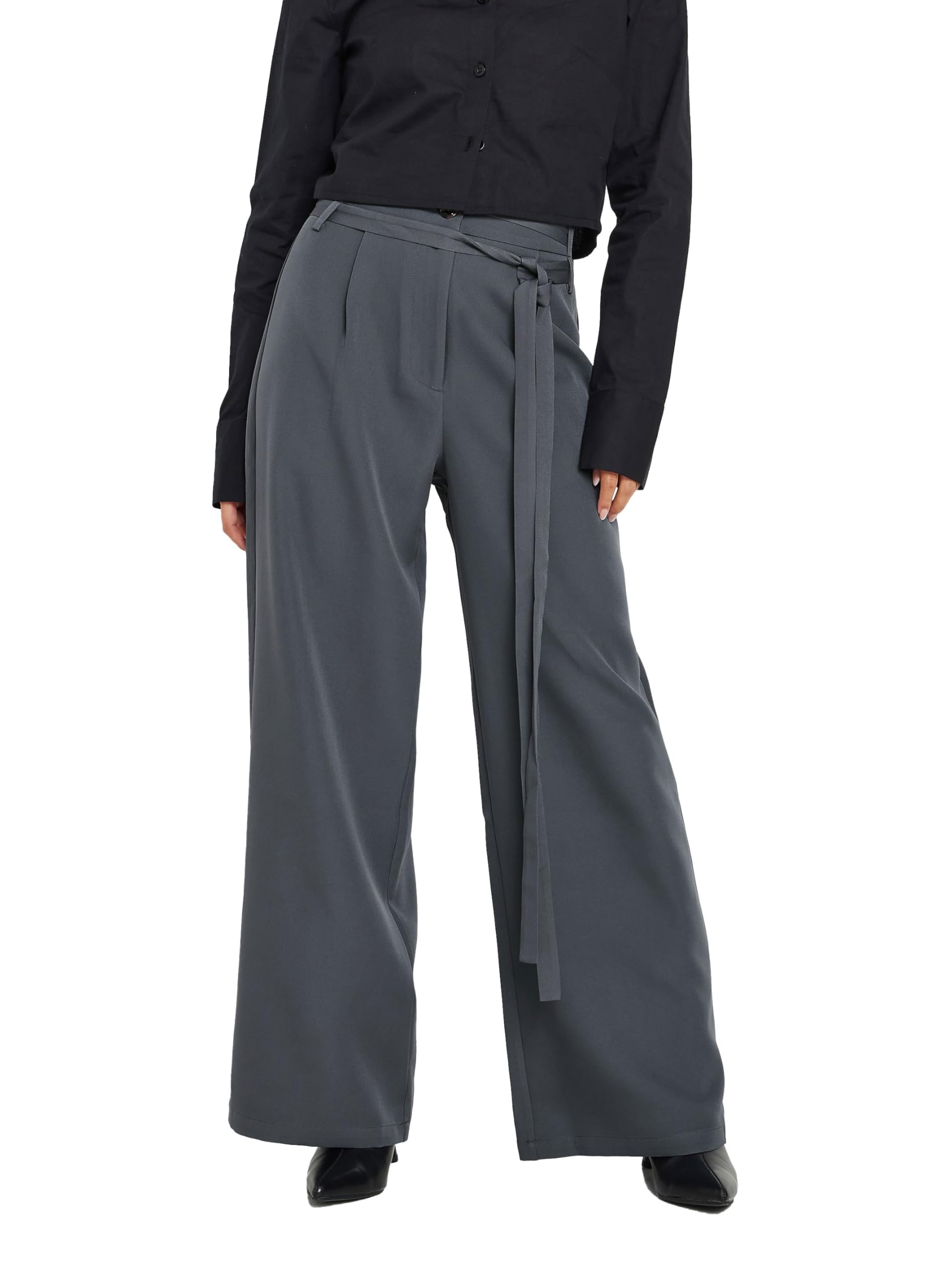 Pixiegirl Women's Grey Petite Belted Wide Leg Trousers In | : Size 14