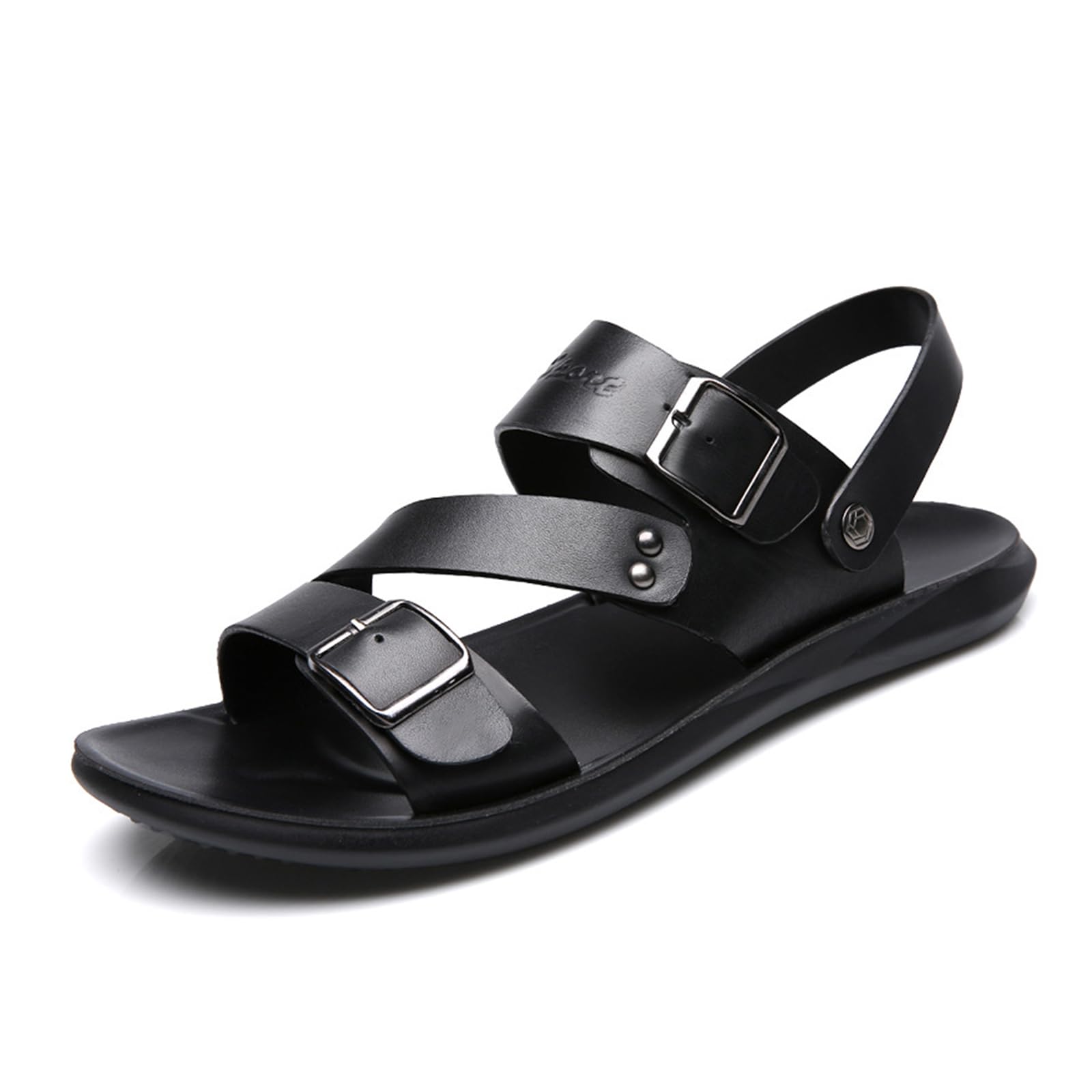 MIKAZONNE Men's Leather Slip-On Flat Beach Slides Sandals with Adjustable Dual use Ankle Straps Slip-On Fisherman Sandals Lightweight Non Slip Open