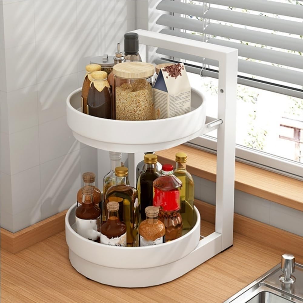 Goxyffmnv Spice Rack, Condiment Storage Rack, Metal Storage Shelf, Rotating Organizer, Desktop Organizer Stand for Kitchen, Living Room, Bathroom(White,11.1 * 9.8 * 17.1in)