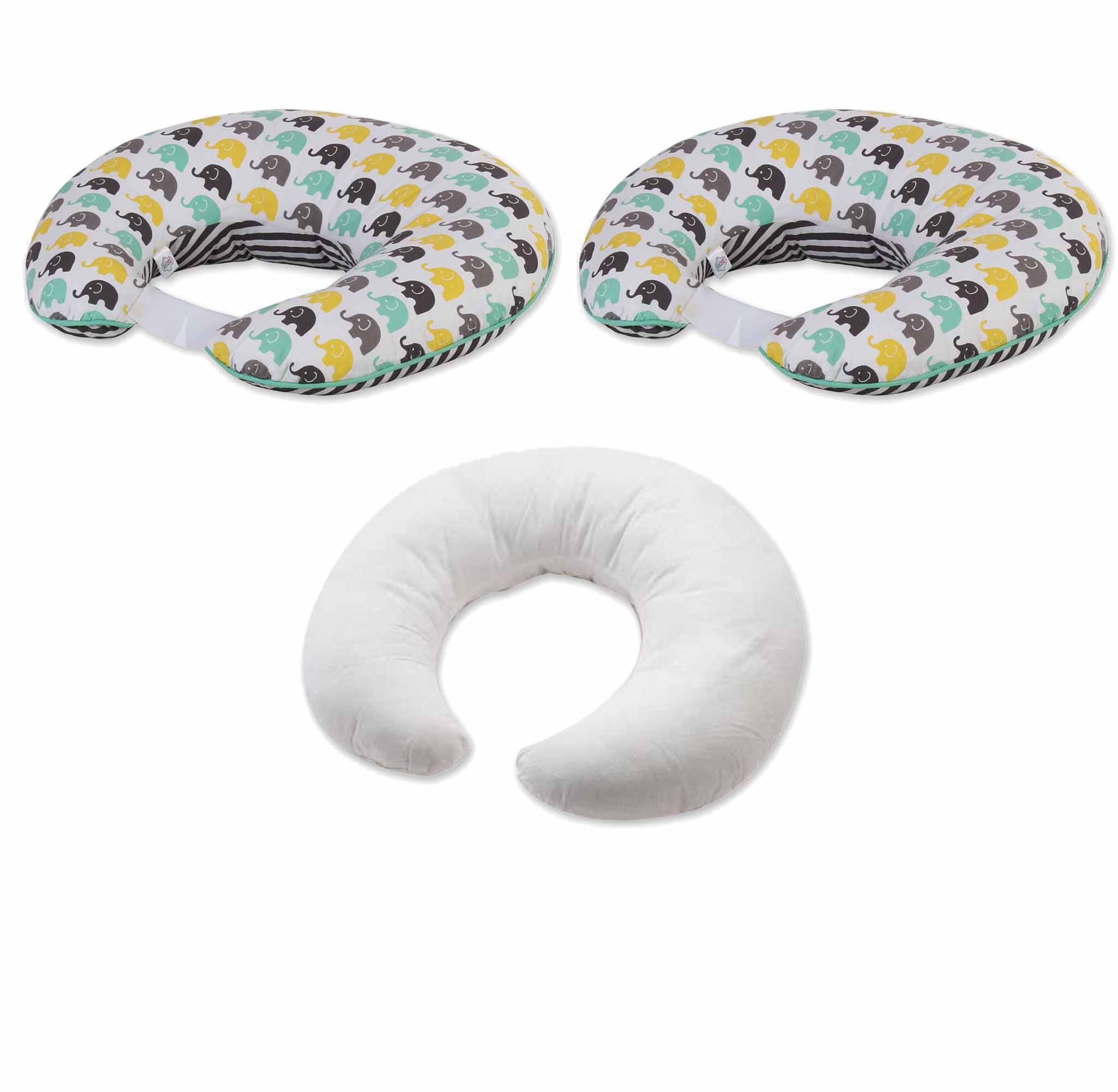 Bacati - Elephants 4 pc Nursing/Feeding Set Pillow Cover, Polyfilled Insert Pillow and 2 Burp Made with Ultra-Soft 100% Cotton Fabric in a Fashionable Two-Sided Design (Mint/Yellow/Grey)
