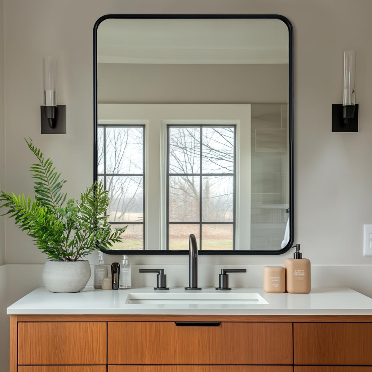 ANDY STAR Black Bathroom Wall Mirror, 24x40 Inch Rounded Rectangle Mirror for Bathroom, Modern Tube Matte Black Framed Rectangular Mirrors for Vanity, Explosion-Proof Film, Horizontal/Vertical