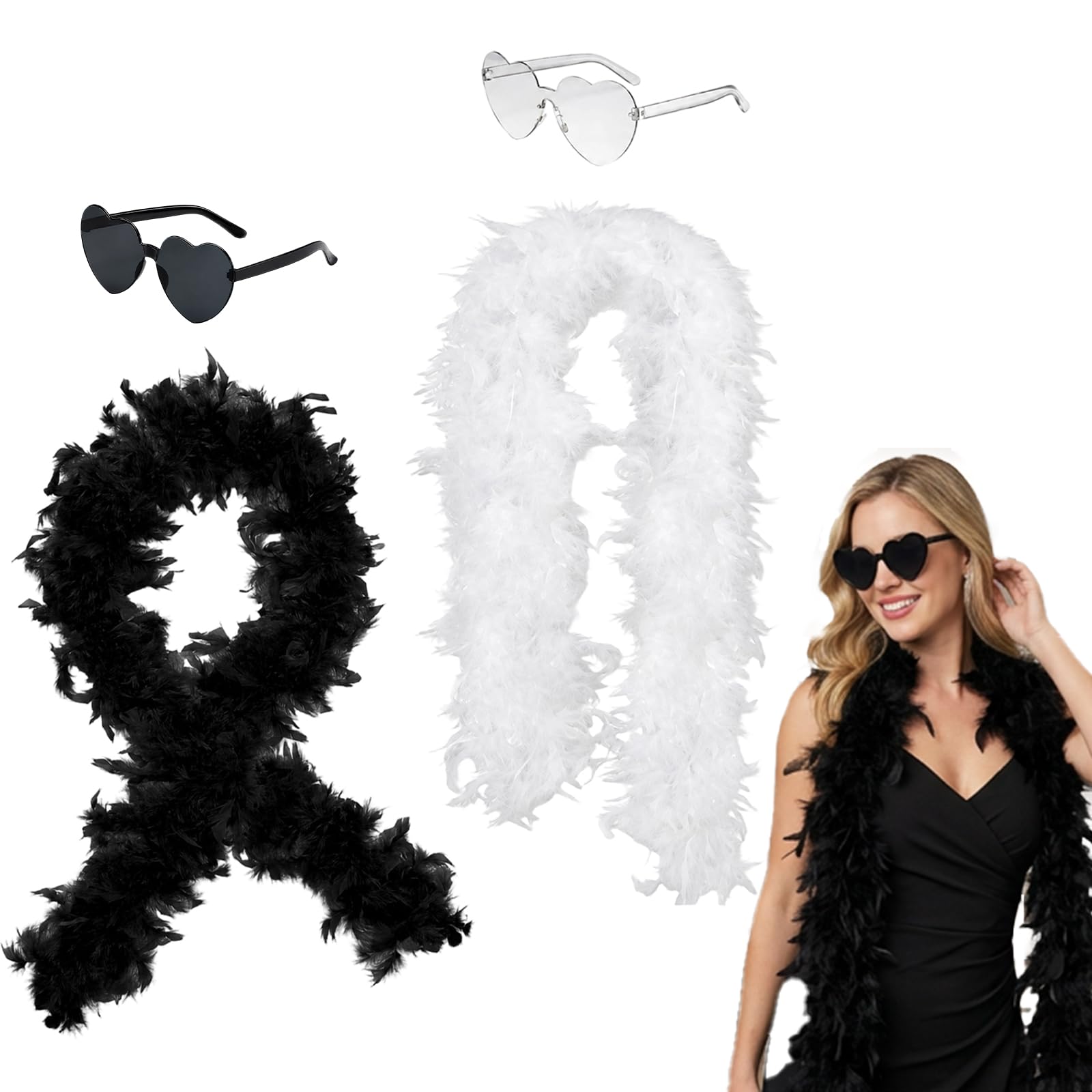 JaiZvt Black Feather Boa, White Feather Boa, 4pcs Feather Boas Set With Fashion Eyeglasses, Feather Cape For Parties And Events, Feather Shawl Collection In Black And White Halloween Feather Boa