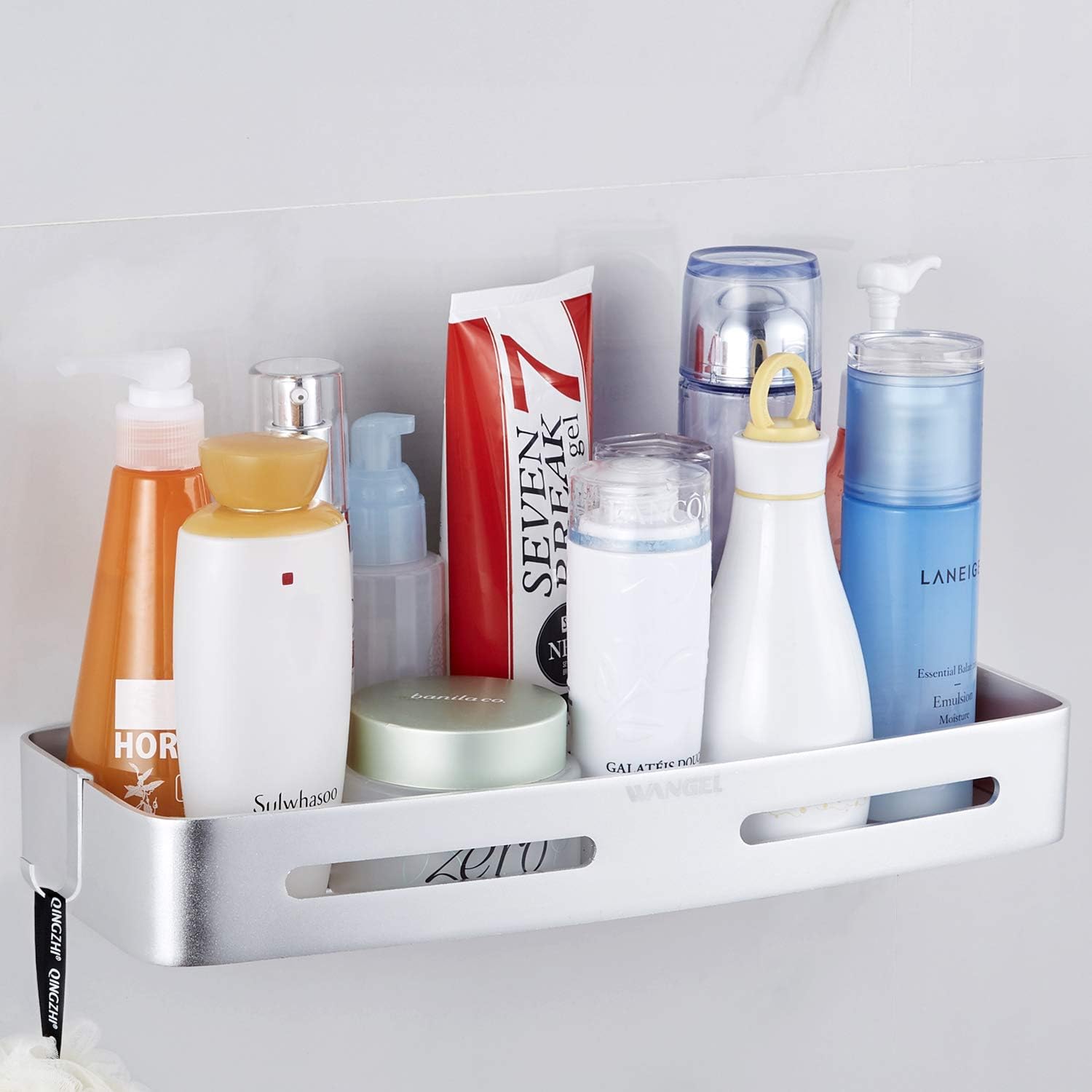 Wangel Shower Storage Basket Shelf for Bathroom and Kitchen, Patented Glue + Self-Adhesive, Aluminium, Matte Finish