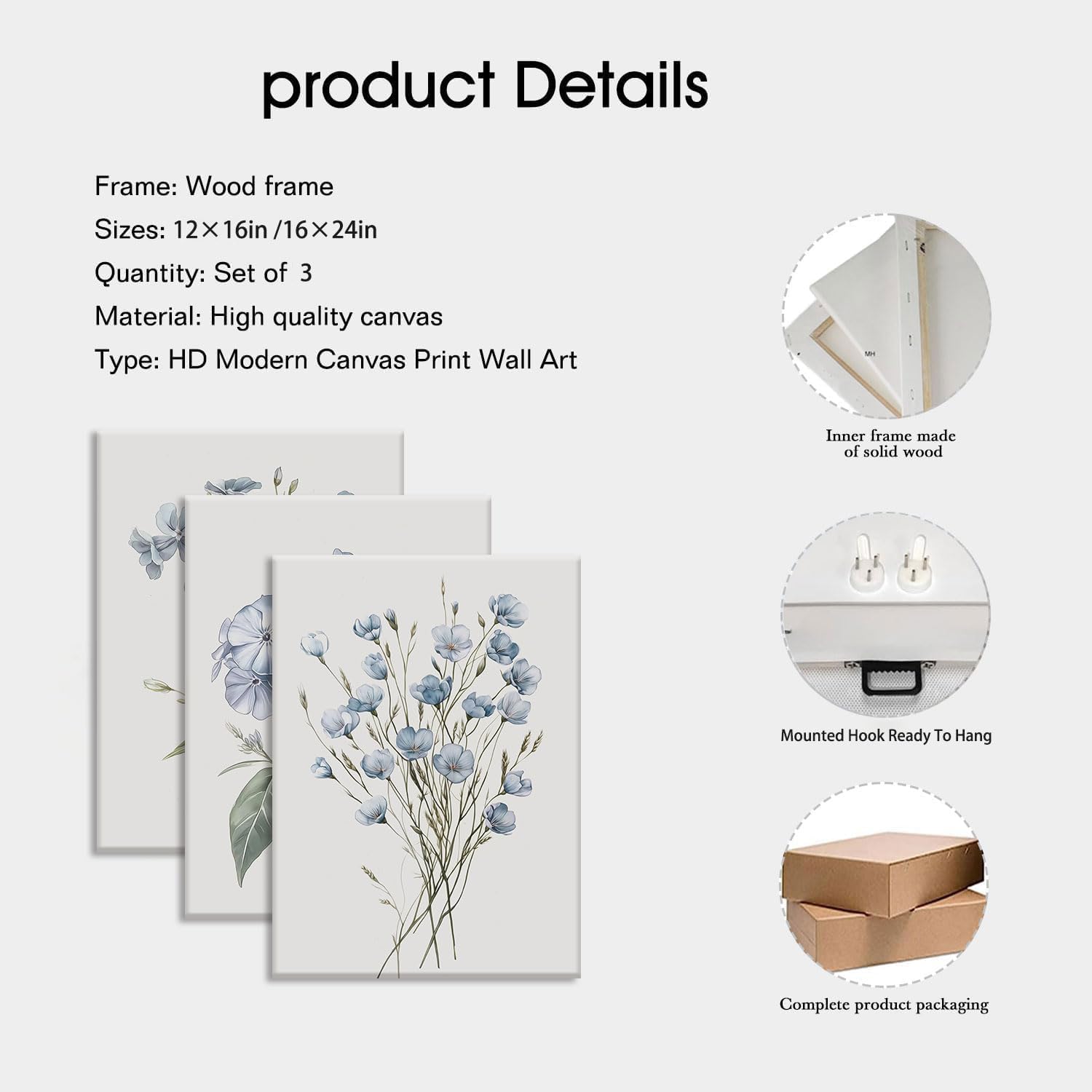 PhexlyArt 3 Piece Blue Floral Canvas Wall Art Colorful Wildflower Wall Art Watercolor Blue Flower Pictures Wall Decor Modern Minimalist Botanical Art Prints for Living Room Bedroom Bathroom 16"x24"