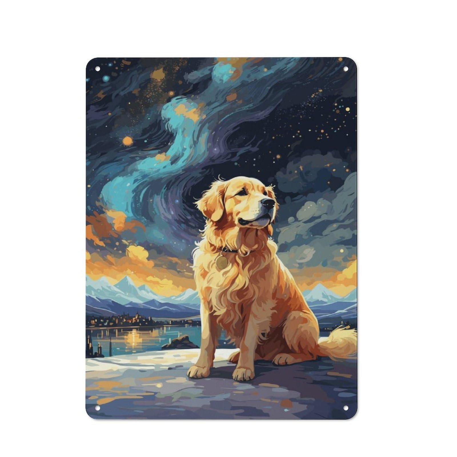 Junmoney Golden Retriever Night Sky Metal Wall Sign 40X30cm, Clean Industrial Loft Wall Plaque For Workspace, Cafe, Hallway Or Garage