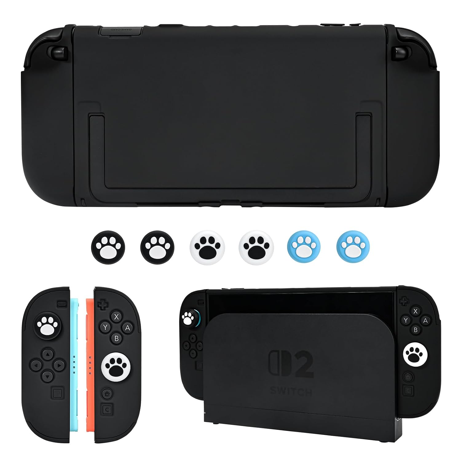 DLseego Protective Case for Switch 2 Console Anti-Scratch Sturdy Dockable Protective Case with 2 Handles and 6 Pieces Thumb Grips Black