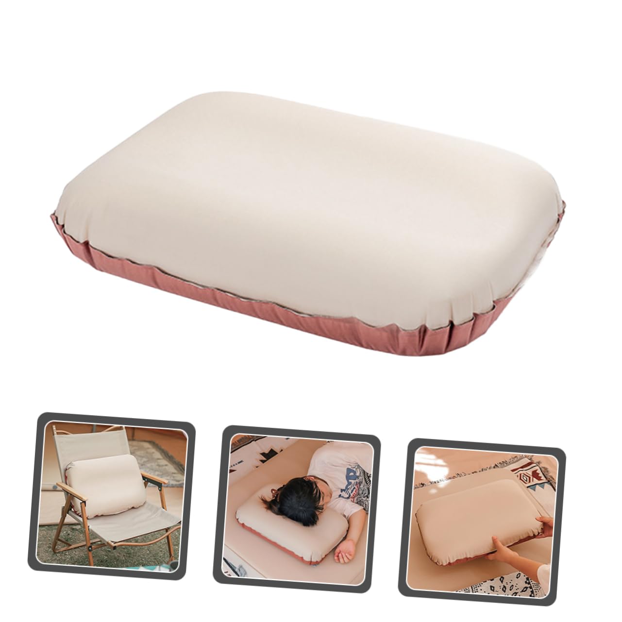Mikikit Oreiller Gonflable Ergonomique de Voyage, Mousse et Polyester Pongé, Facile à Dégonfler, pour Camping et Maison, Beige