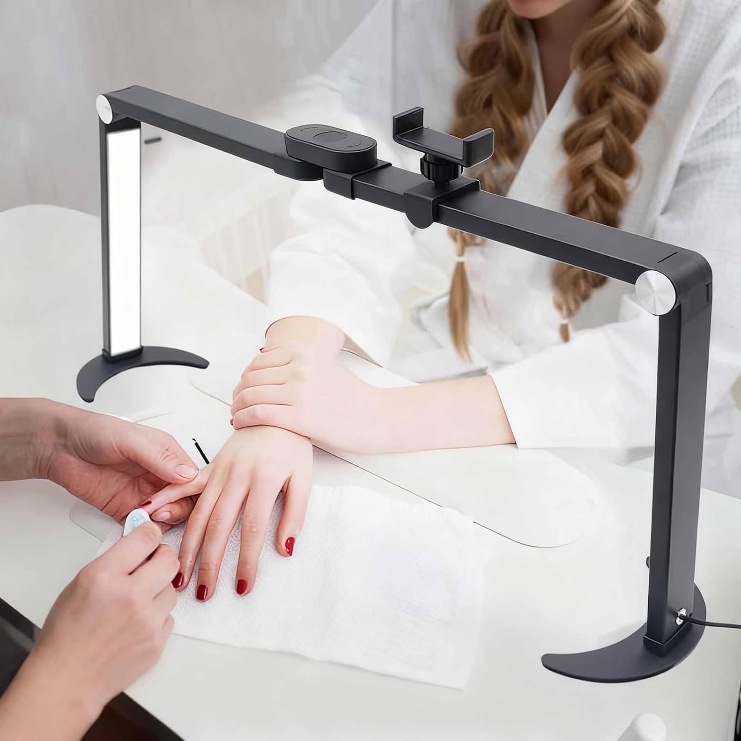DFAEEKIYO Foldable LED Nail Tech Lamp for Desk, Arc Half Moon Light Phone Holder 3 Color Temperature Manicure Table Beauty Tattoo