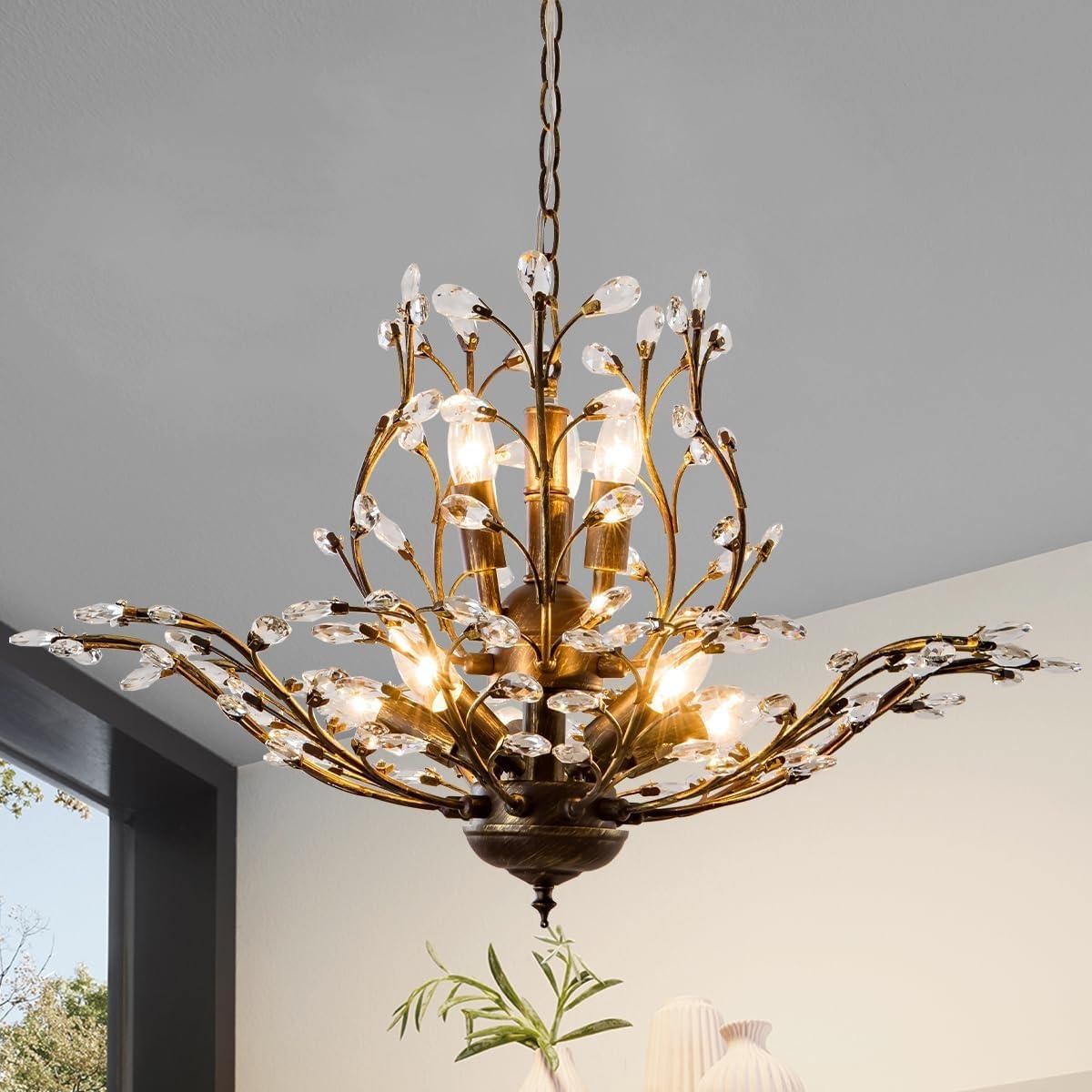 VTAMng Vintage Branch Crystal Chandelier Industrial decoration Black Modern Light Fixture Sophisticated Antique Flush Mount Farmhouse Pendant Light for Dining Room Kitchen Bedroom Living Room Hallway(