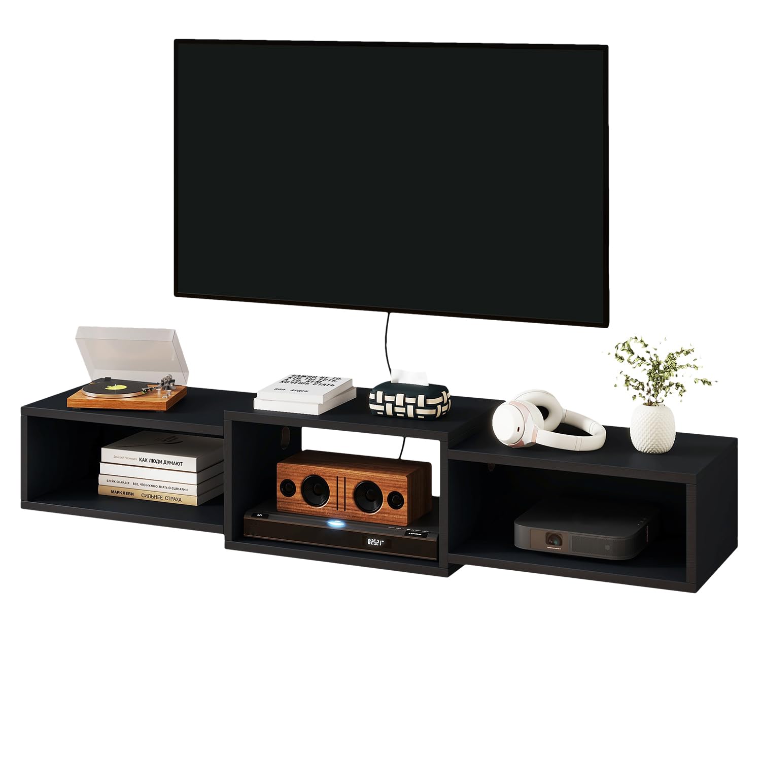 IBUYKE Floating TV Stand Wall Mounted,Wood TV Cabinet Media Console Shelf,Floating TV Unit for Under TV Storage for Living Room Bedroom Office,Black WST013B