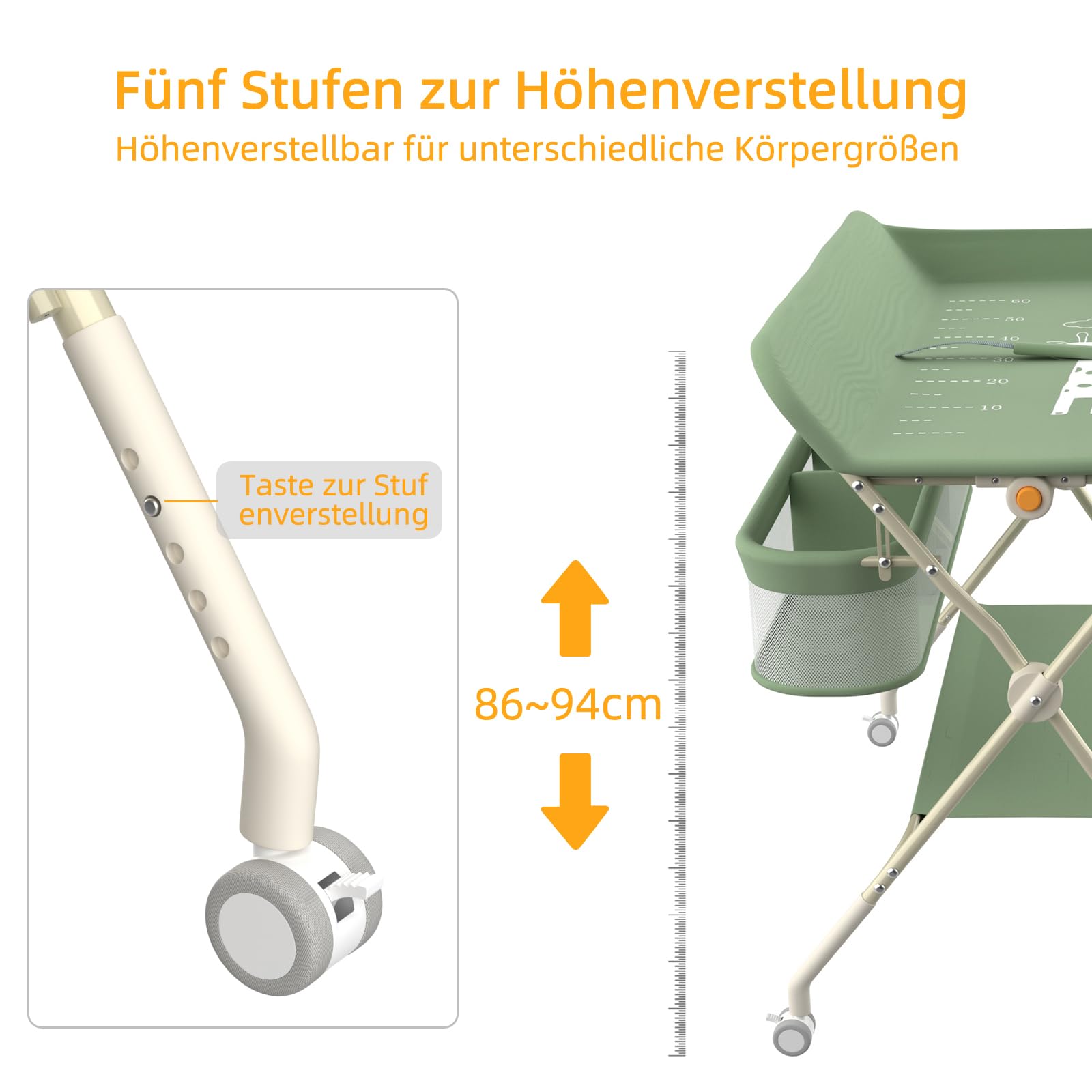 Wickeltisch mit Rollen, faltbar, tragbare Wickelunterlage, 5 verstellbare Ebenen, Aufbewahrungskorb zum Aufhängen für Neugeborene, für Kinderzimmer, 75 x 68 x 83 – 91 cm (A), Grün