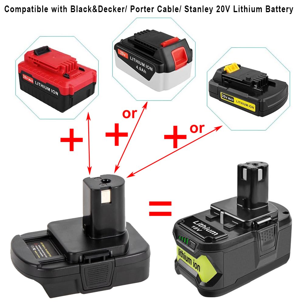 Convertidor para Black&Decker/Porter Cable/Stanley a Ryobi, Compatible con Black&Decker/Porter Cable/Stanley 20V baterías de Iones de Litio, Funciona para Herramientas eléctricas inalámbricas