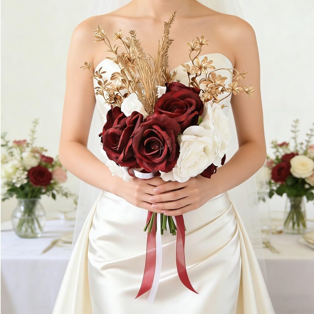 Bouquet da sposa realistico con rose in seta con fiocco – elegante decorazione per matrimoni per damigelle d'onore (stile 1)