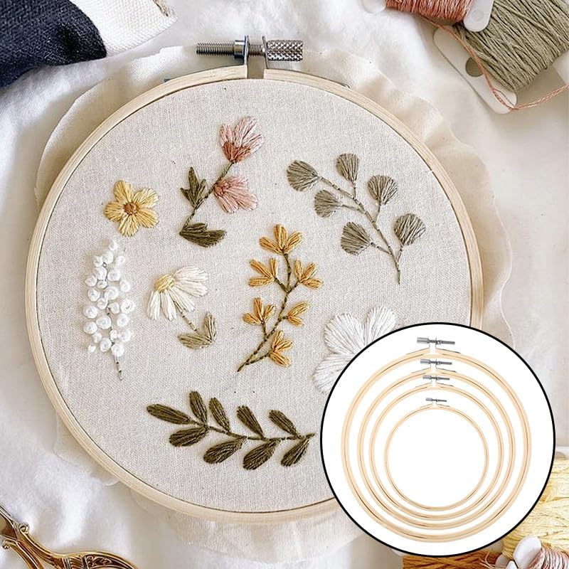4 Pcs Embroidery Hoops 4/6/7/8 Inch Bamboo Cross Stitch Hoop Round Adjustable Embroidery Hoop for Hand Sewing, Embroideries, Art Craft